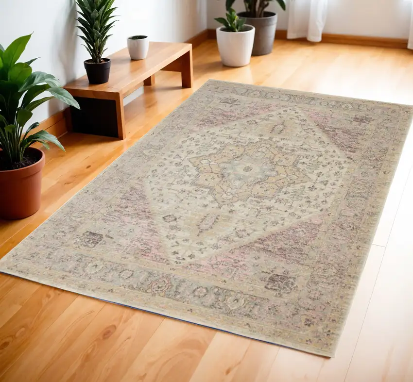 Ivory Pink And Gray Floral Distressed Area Rug Photo 1