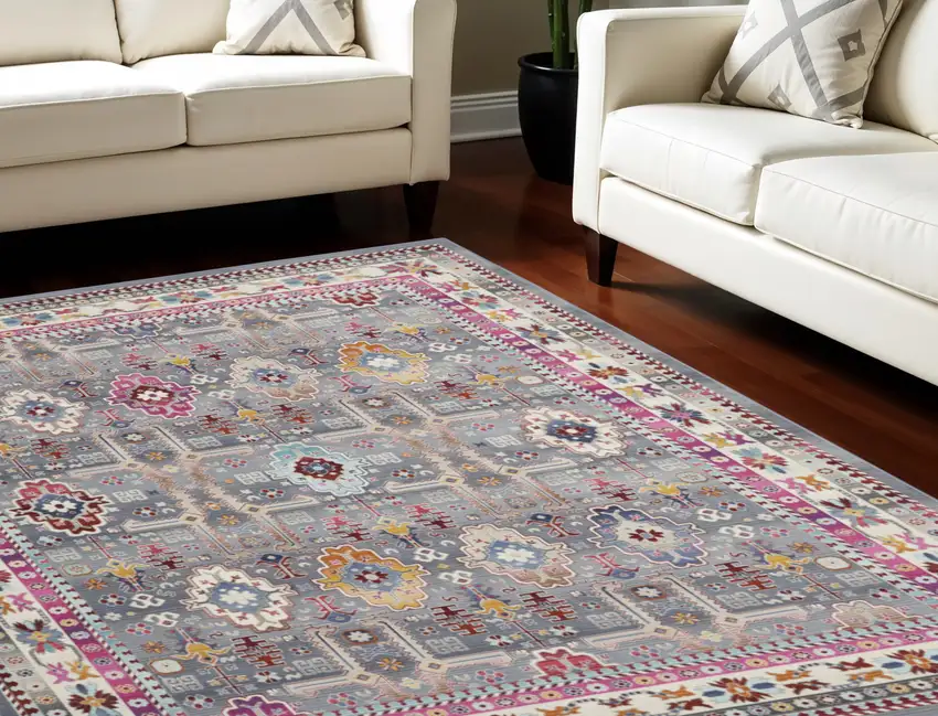 Ivory Pink And Gray Floral Distressed Non Skid Area Rug Photo 1