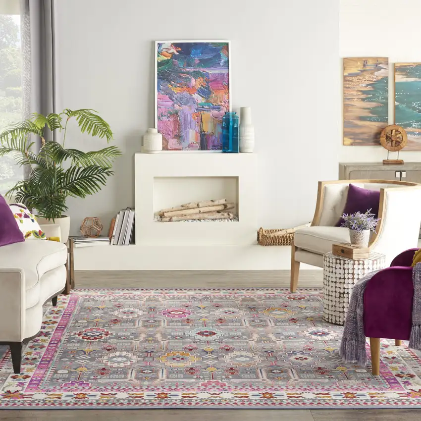 Ivory Pink And Gray Floral Distressed Non Skid Area Rug Photo 6