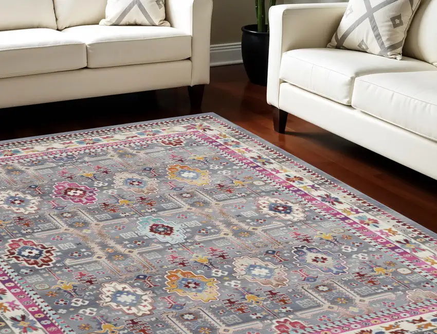 Ivory Pink And Gray Floral Distressed Non Skid Area Rug Photo 1