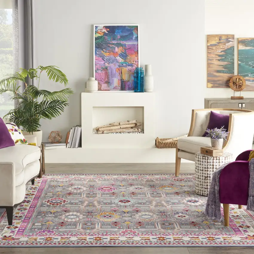 Ivory Pink And Gray Floral Distressed Non Skid Area Rug Photo 5