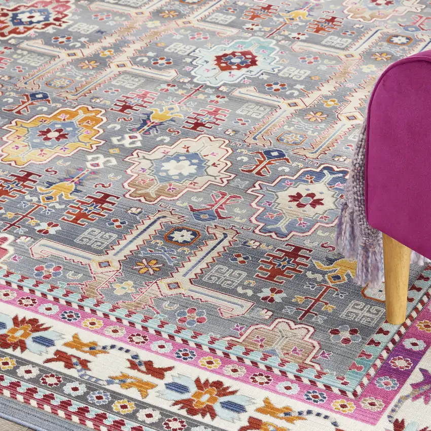 Ivory Pink And Gray Floral Distressed Non Skid Area Rug Photo 4