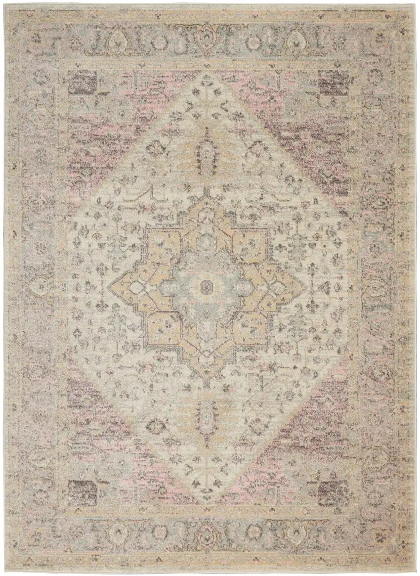 Ivory Pink And Gray Floral Medallion Distressed Area Rug Photo 2