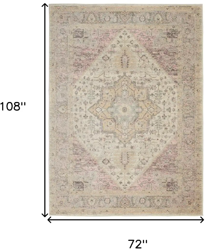 Ivory Pink And Gray Floral Medallion Distressed Area Rug Photo 3