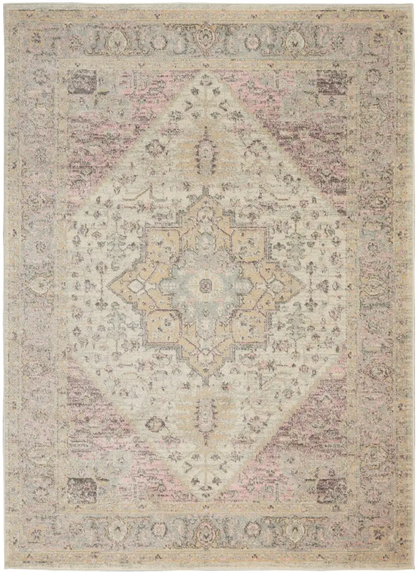 Ivory Pink And Gray Floral Medallion Distressed Area Rug Photo 8