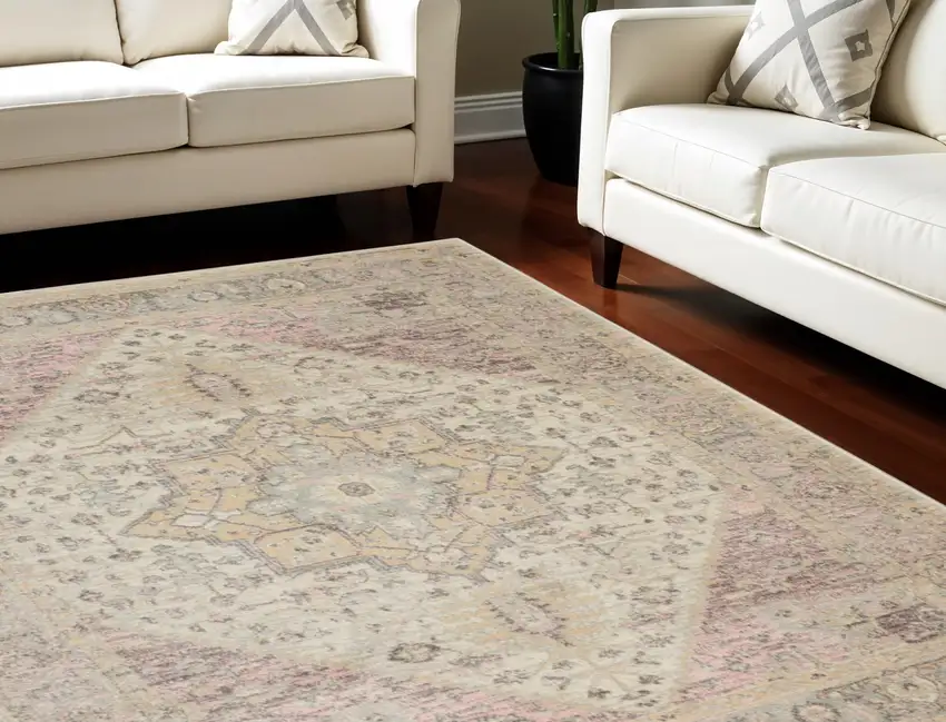 Ivory Pink And Gray Floral Medallion Distressed Area Rug Photo 1