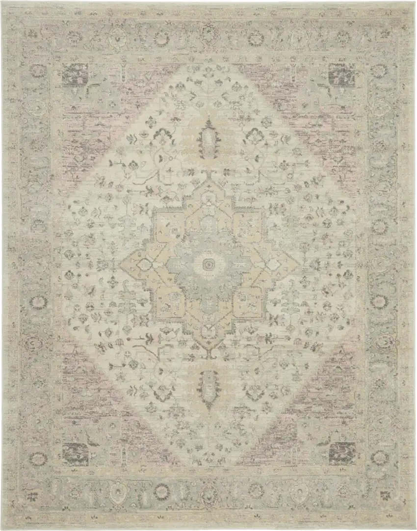 Ivory Pink And Gray Floral Medallion Distressed Area Rug Photo 1