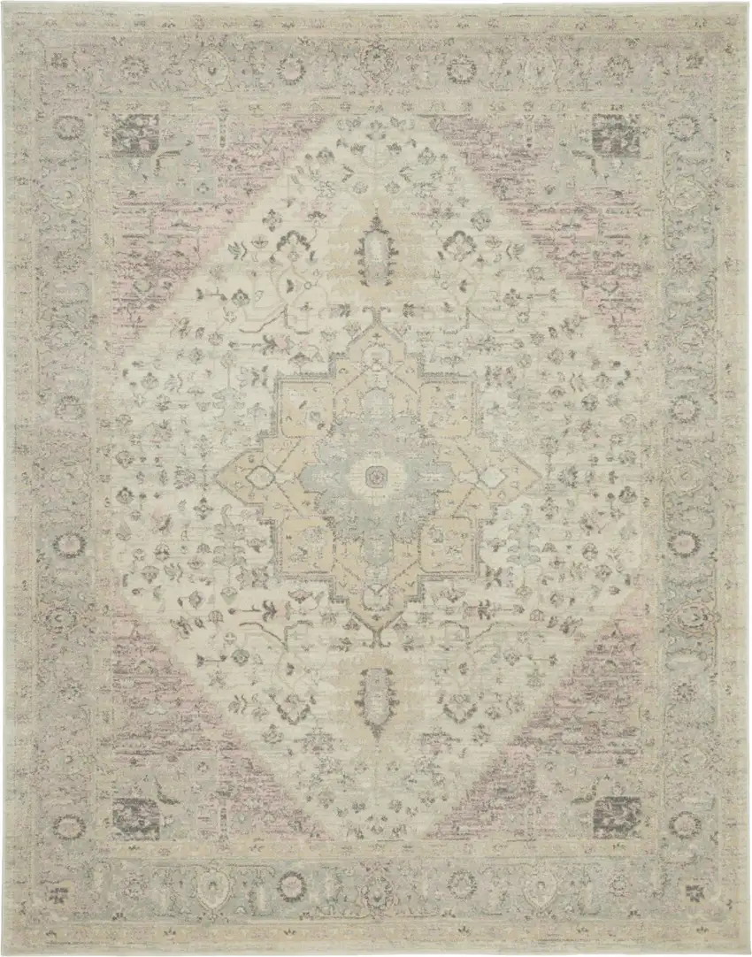Ivory Pink And Gray Floral Medallion Distressed Area Rug Photo 2