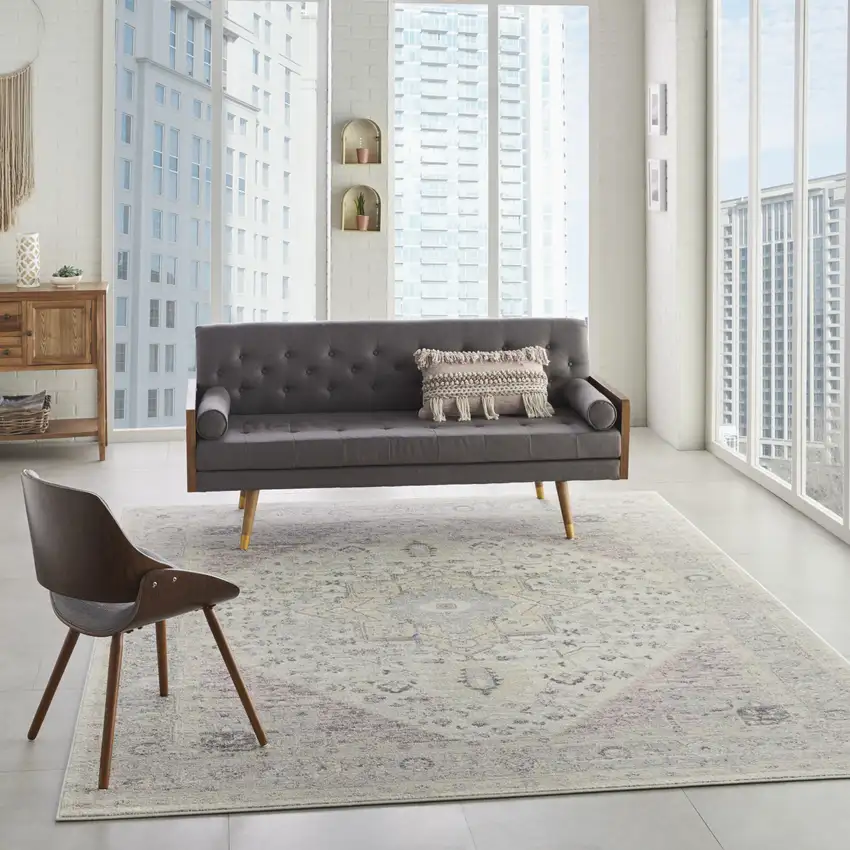 Ivory Pink And Gray Floral Medallion Distressed Area Rug Photo 5