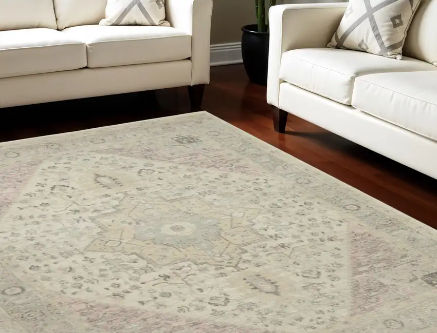 Ivory Pink And Gray Floral Medallion Distressed Area Rug Photo 1