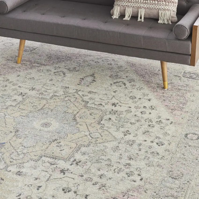 Ivory Pink And Gray Floral Medallion Distressed Area Rug Photo 4