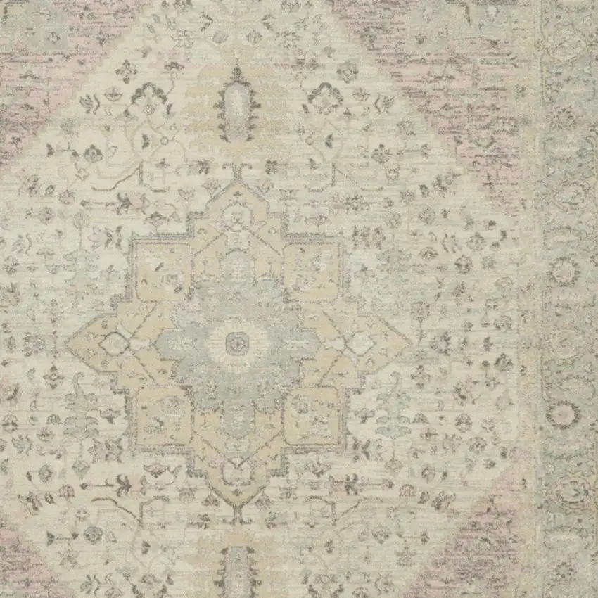 Ivory Pink And Gray Floral Medallion Distressed Area Rug Photo 7