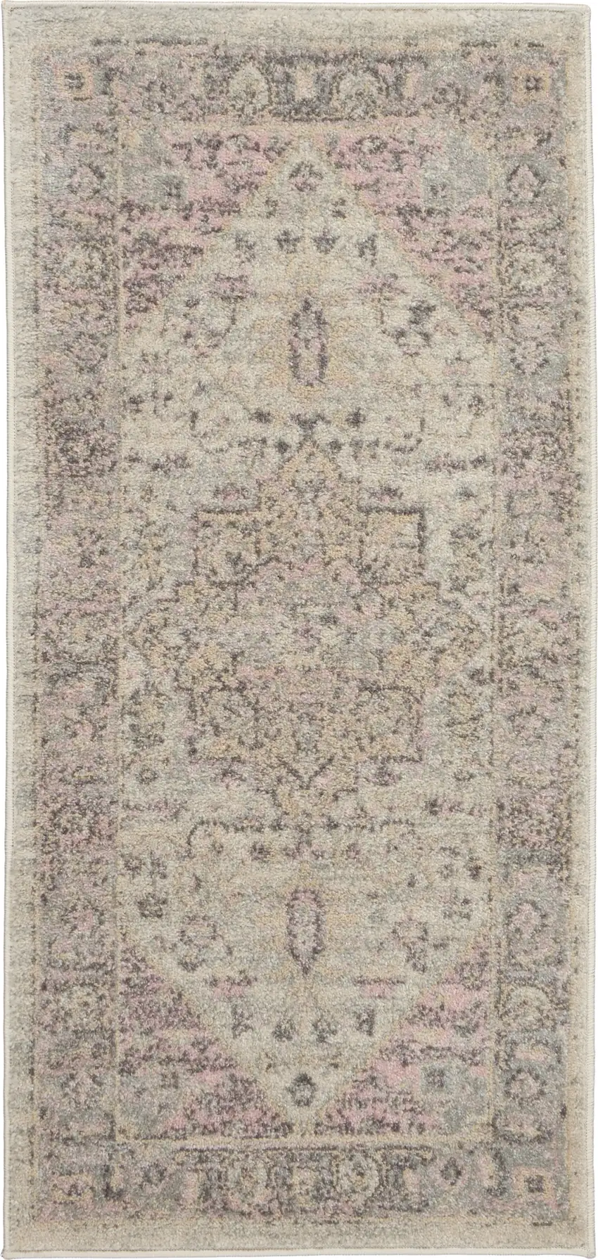Ivory Pink And Gray Floral Medallion Distressed Area Rug Photo 2