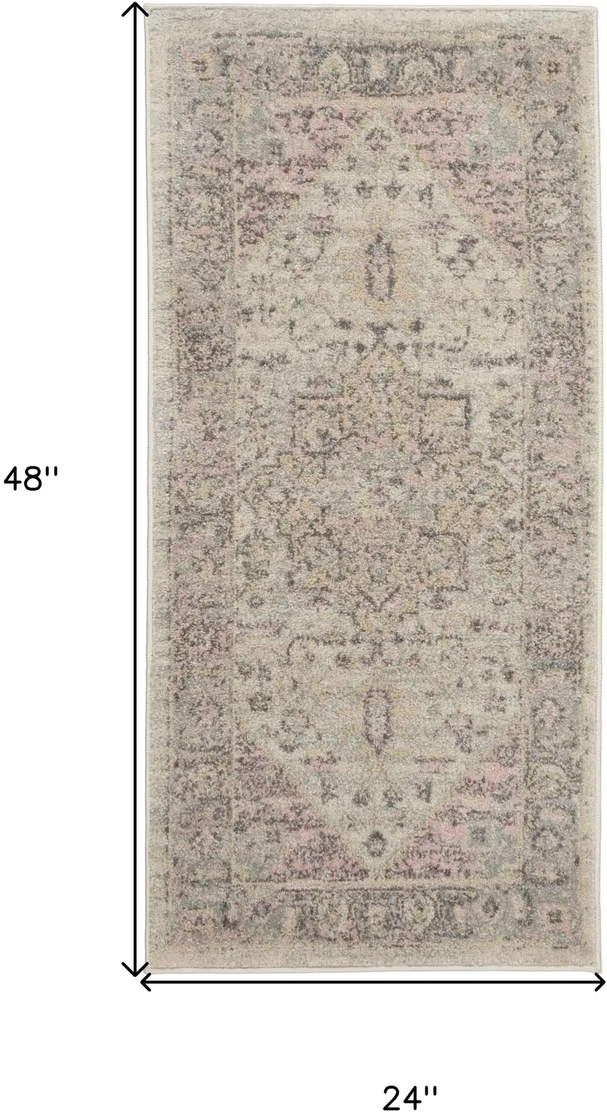 Ivory Pink And Gray Floral Medallion Distressed Area Rug Photo 3