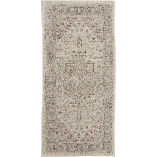 Ivory Pink And Gray Floral Medallion Distressed Area Rug Photo 1