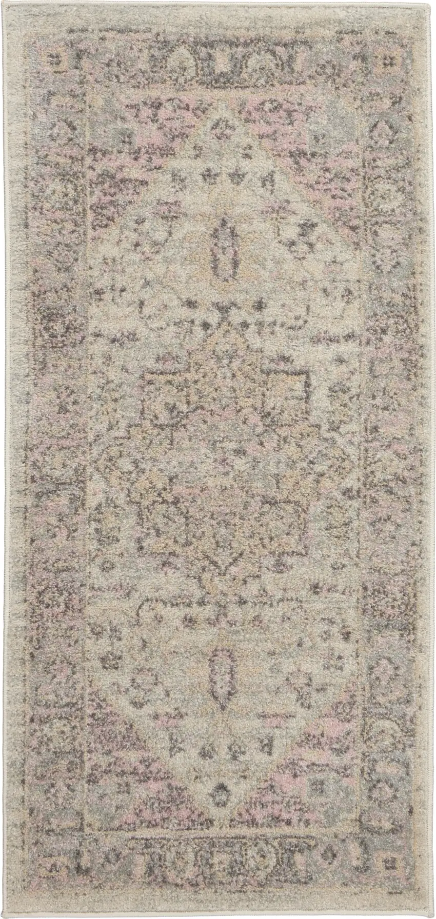 Ivory Pink And Gray Floral Medallion Distressed Area Rug Photo 1