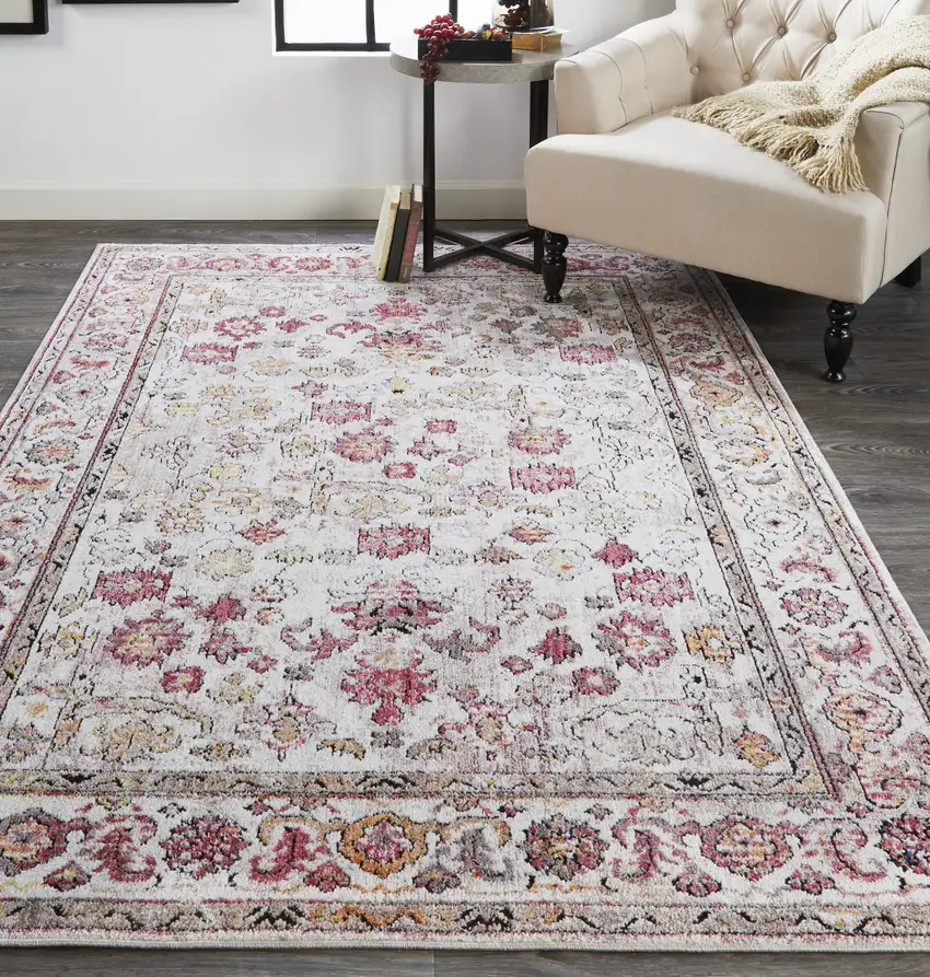 Ivory Pink And Gray Floral Stain Resistant Area Rug Photo 7