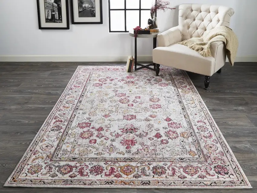 Ivory Pink And Gray Floral Stain Resistant Area Rug Photo 6