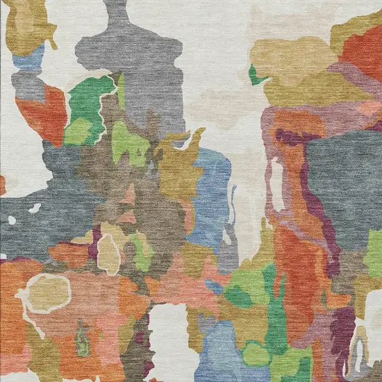 Ivory Pink And Green Abstract Washable Indoor Outdoor Area Rug Photo 5
