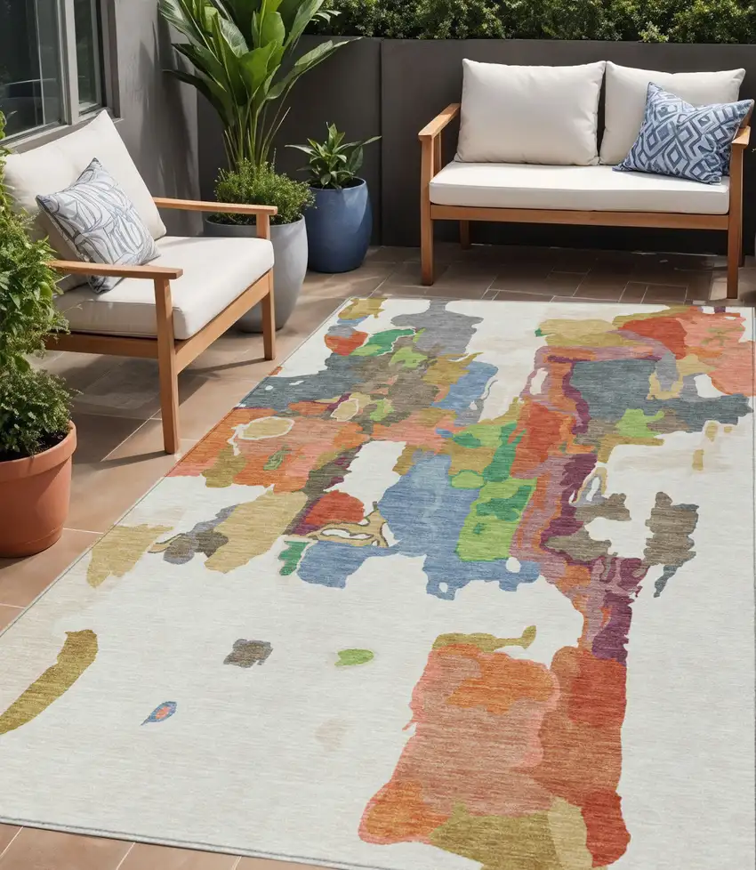 Ivory Pink And Green Abstract Washable Indoor Outdoor Area Rug Photo 1