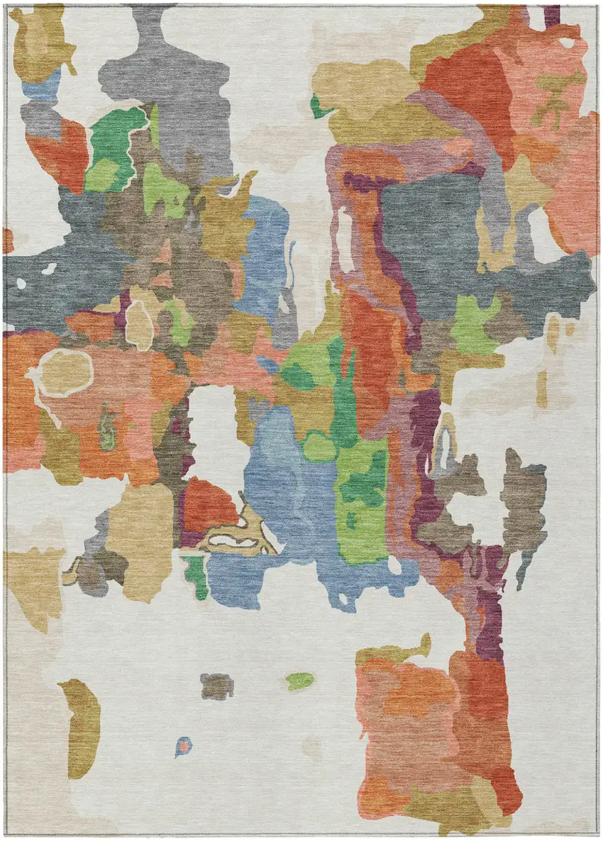 Ivory Pink And Green Abstract Washable Indoor Outdoor Area Rug Photo 2