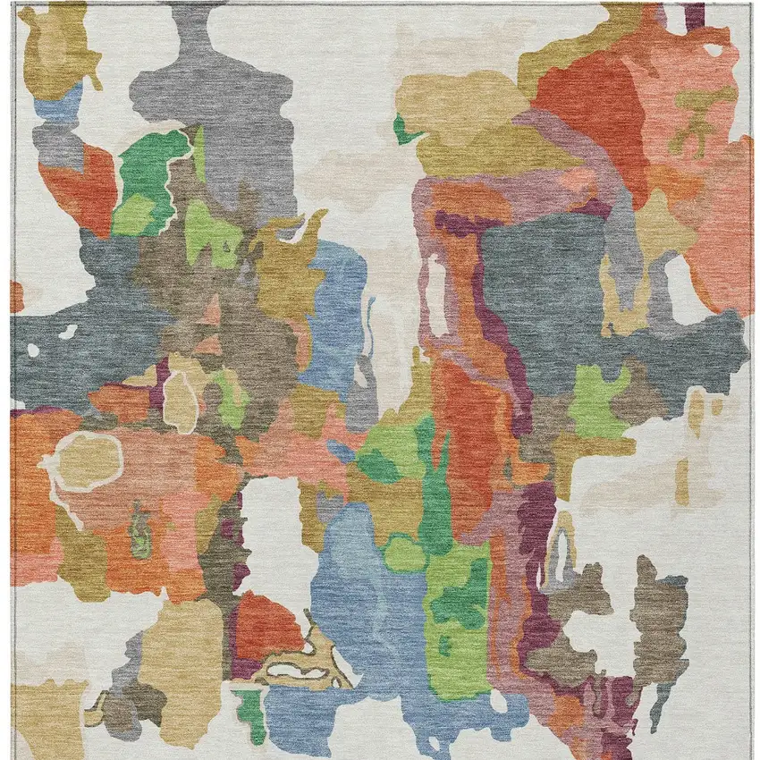 Ivory Pink And Green Abstract Washable Indoor Outdoor Area Rug Photo 7