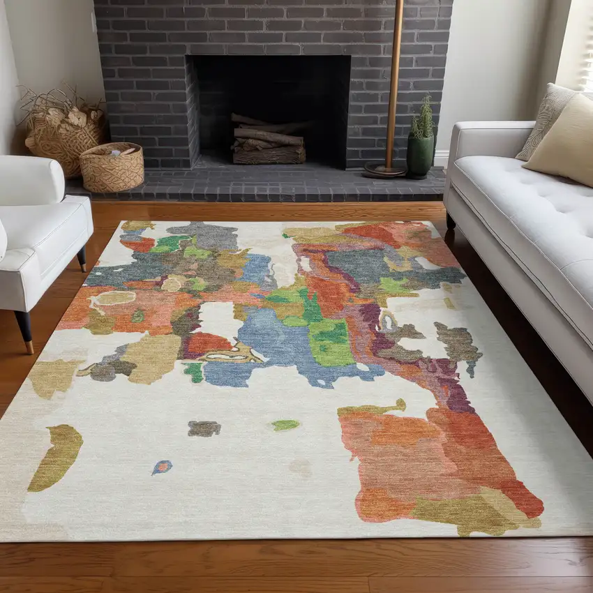 Ivory Pink And Green Abstract Washable Indoor Outdoor Area Rug Photo 9