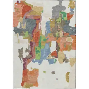 Photo of Ivory Pink And Green Abstract Washable Indoor Outdoor Area Rug