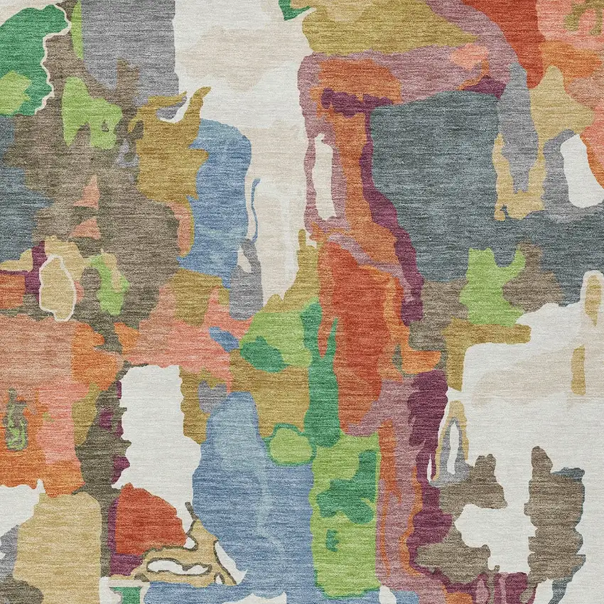 Ivory Pink And Green Abstract Washable Indoor Outdoor Area Rug Photo 5