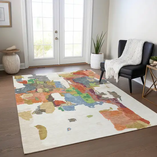Ivory Pink And Green Abstract Washable Indoor Outdoor Area Rug Photo 9