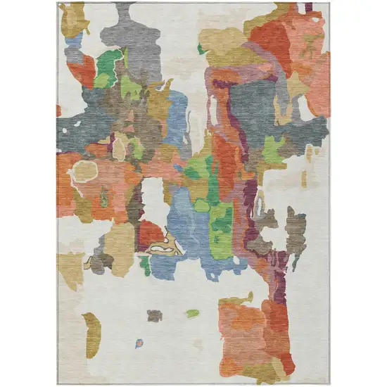 Ivory Pink And Green Abstract Washable Indoor Outdoor Area Rug Photo 2