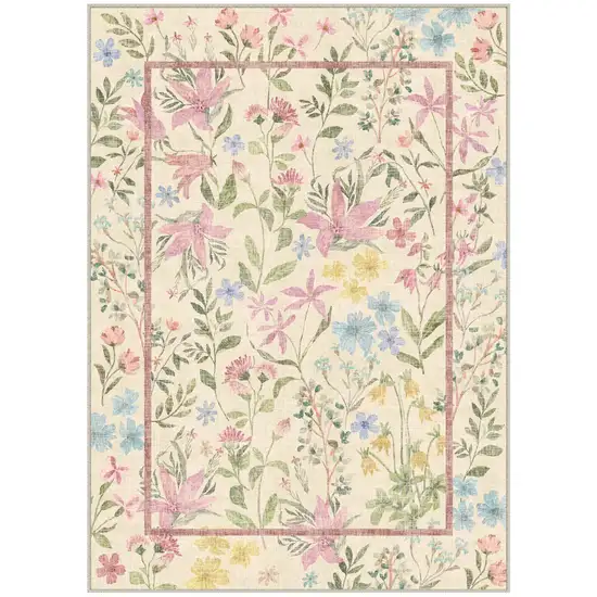 Ivory Pink And Green Floral Washable Area Rug Photo 4