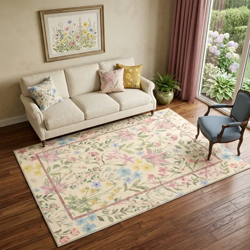 Ivory Pink And Green Floral Washable Area Rug Photo 1