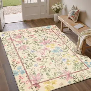 Photo of Ivory Pink And Green Floral Washable Area Rug