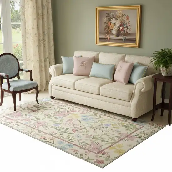 Ivory Pink And Green Floral Washable Area Rug Photo 1
