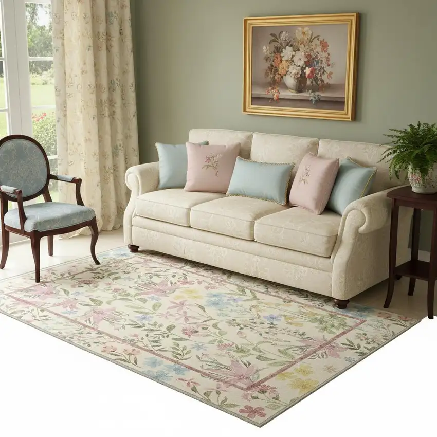 Ivory Pink And Green Floral Washable Area Rug Photo 1