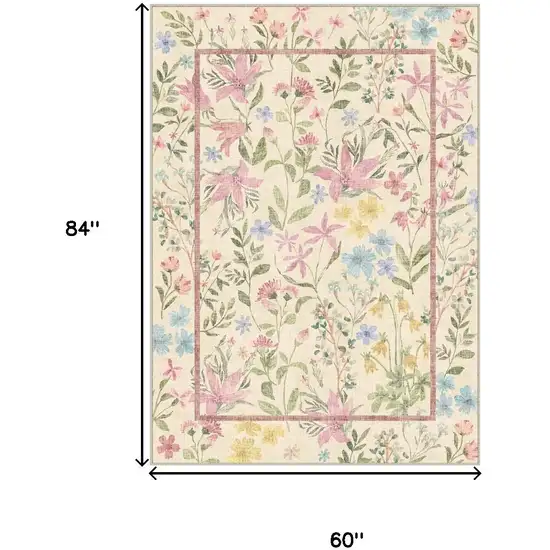 Ivory Pink And Green Floral Washable Area Rug Photo 3
