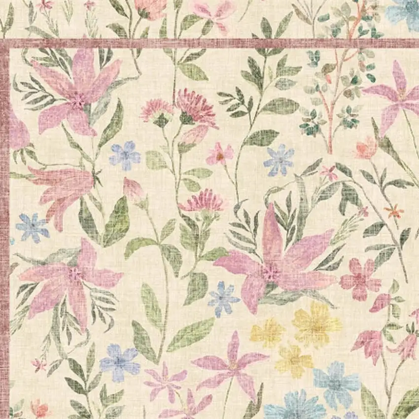 Ivory Pink And Green Floral Washable Area Rug Photo 4