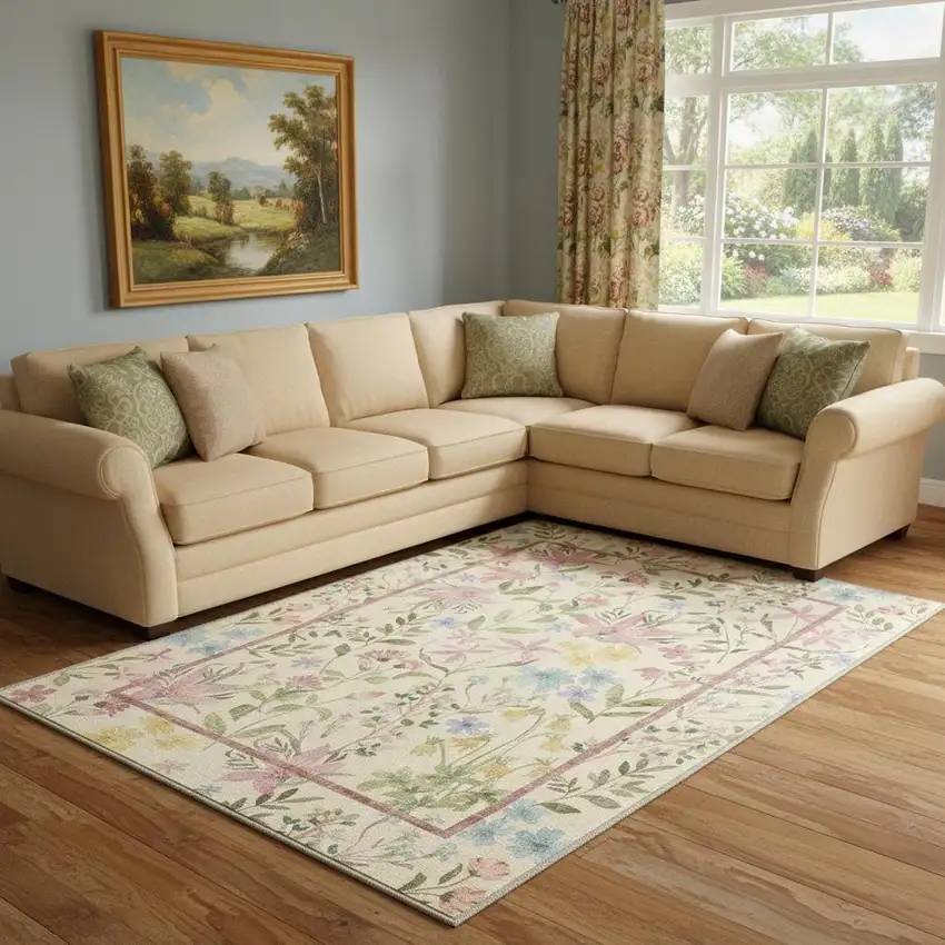 Ivory Pink And Green Floral Washable Area Rug Photo 1