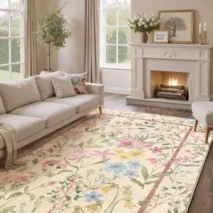 Photo of Ivory Pink And Green Floral Washable Area Rug