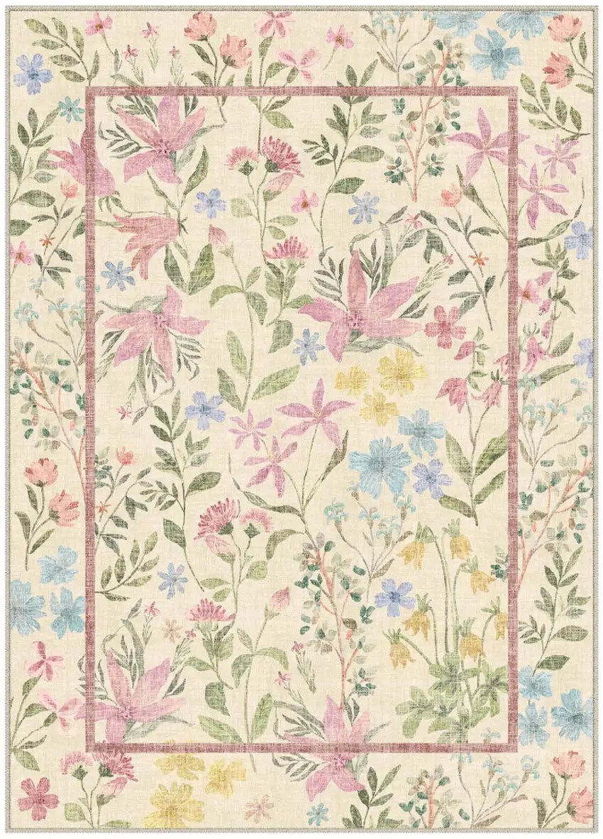 Ivory Pink And Green Floral Washable Area Rug Photo 3