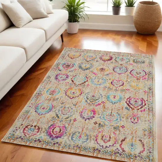 Ivory Pink And Orange Floral Distressed Area Rug Photo 1