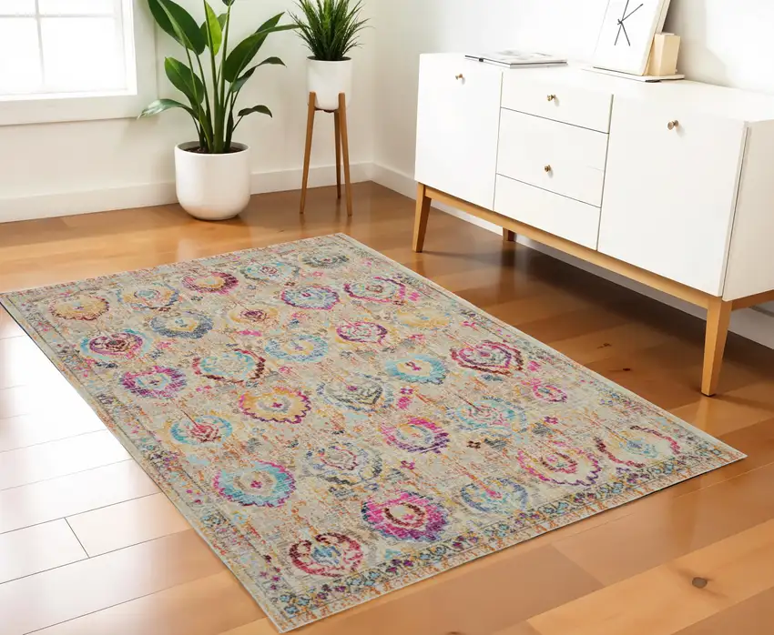 Ivory Pink And Orange Floral Distressed Area Rug Photo 1