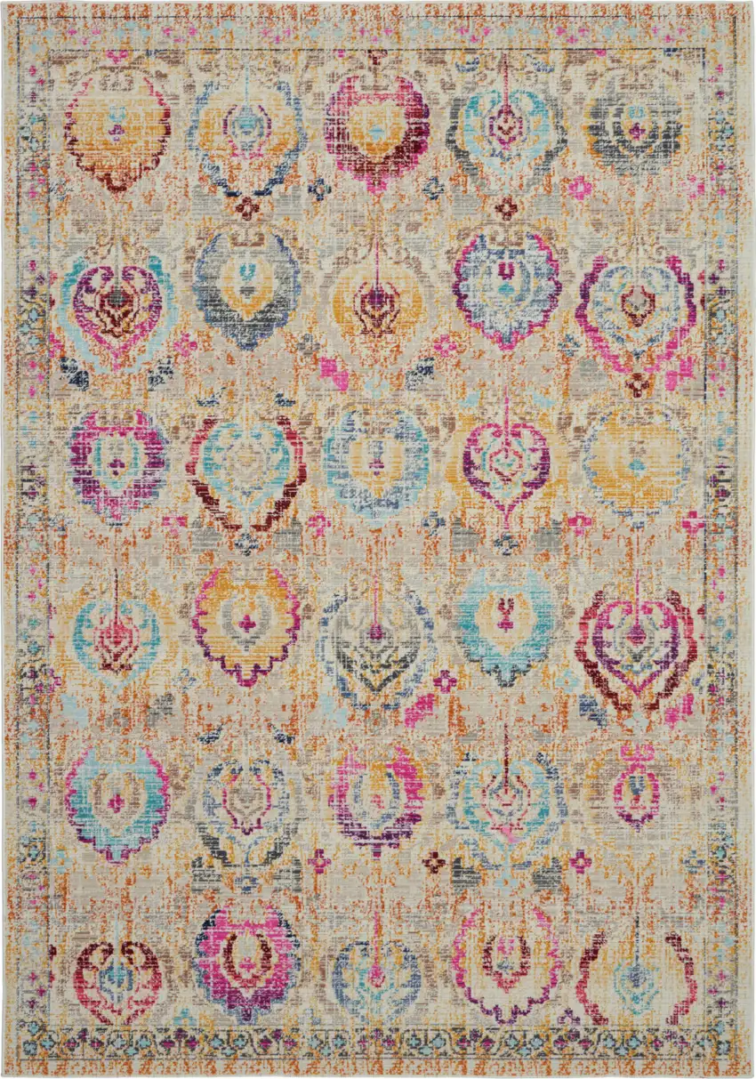 Ivory Pink And Orange Floral Distressed Area Rug Photo 1
