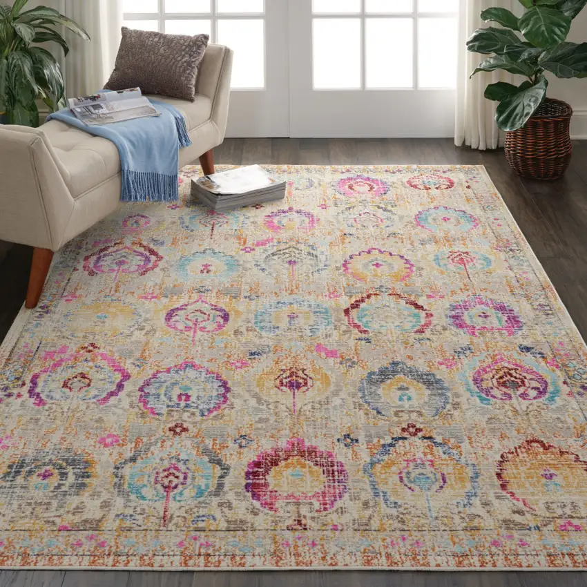 Ivory Pink And Orange Floral Distressed Area Rug Photo 8