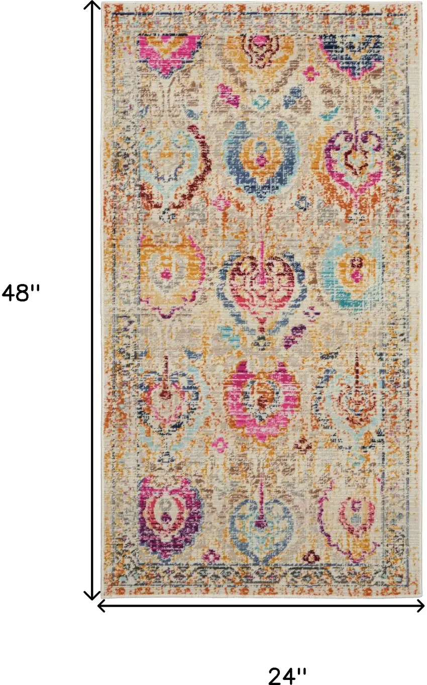 Ivory Pink And Orange Floral Distressed Area Rug Photo 3