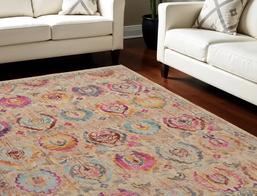 Ivory Pink And Orange Floral Distressed Non Skid Area Rug Photo 1