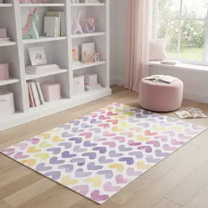 Photo of Ivory Pink And Purple Heart Youthful Washable Area Rug