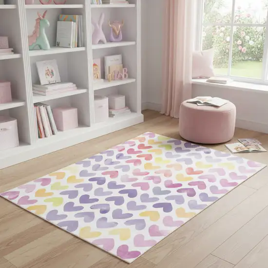 Ivory Pink And Purple Heart Youthful Washable Area Rug Photo 1