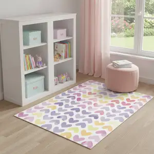 Photo of Ivory Pink And Purple Heart Youthful Washable Area Rug